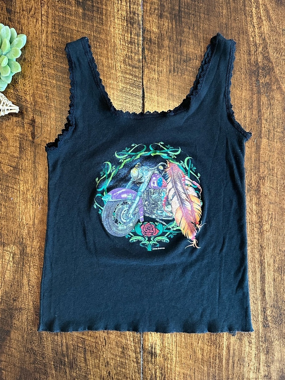 Hudson Leather | Y2K Motorcycle Graphic Baby Tank Top Black Lace Trim, Size S